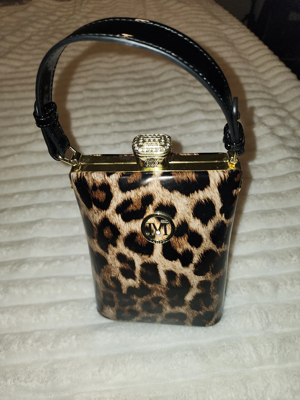Leopard Print Mini Top-Handle Bag with Gold Accents